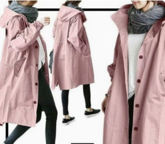 Langer Wasserdichter Damen-Trenchcoat mit Kapuze und Funktionalen Taschen