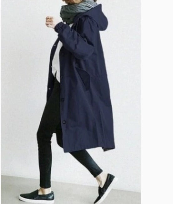 Langer Wasserdichter Damen-Trenchcoat mit Kapuze und Funktionalen Taschen