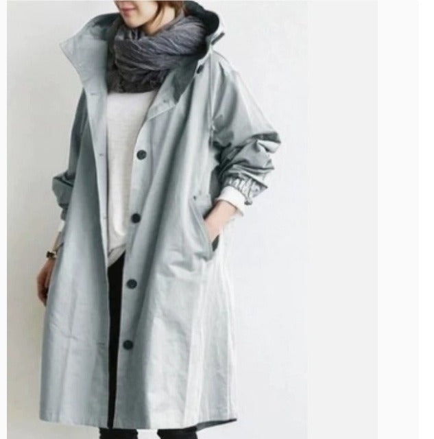 Langer Wasserdichter Damen-Trenchcoat mit Kapuze und Funktionalen Taschen