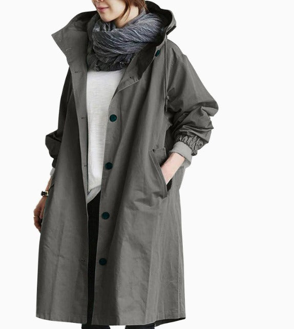 Langer Wasserdichter Damen-Trenchcoat mit Kapuze und Funktionalen Taschen